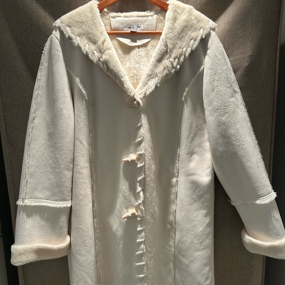 White faux Sherpa button up coat with hood